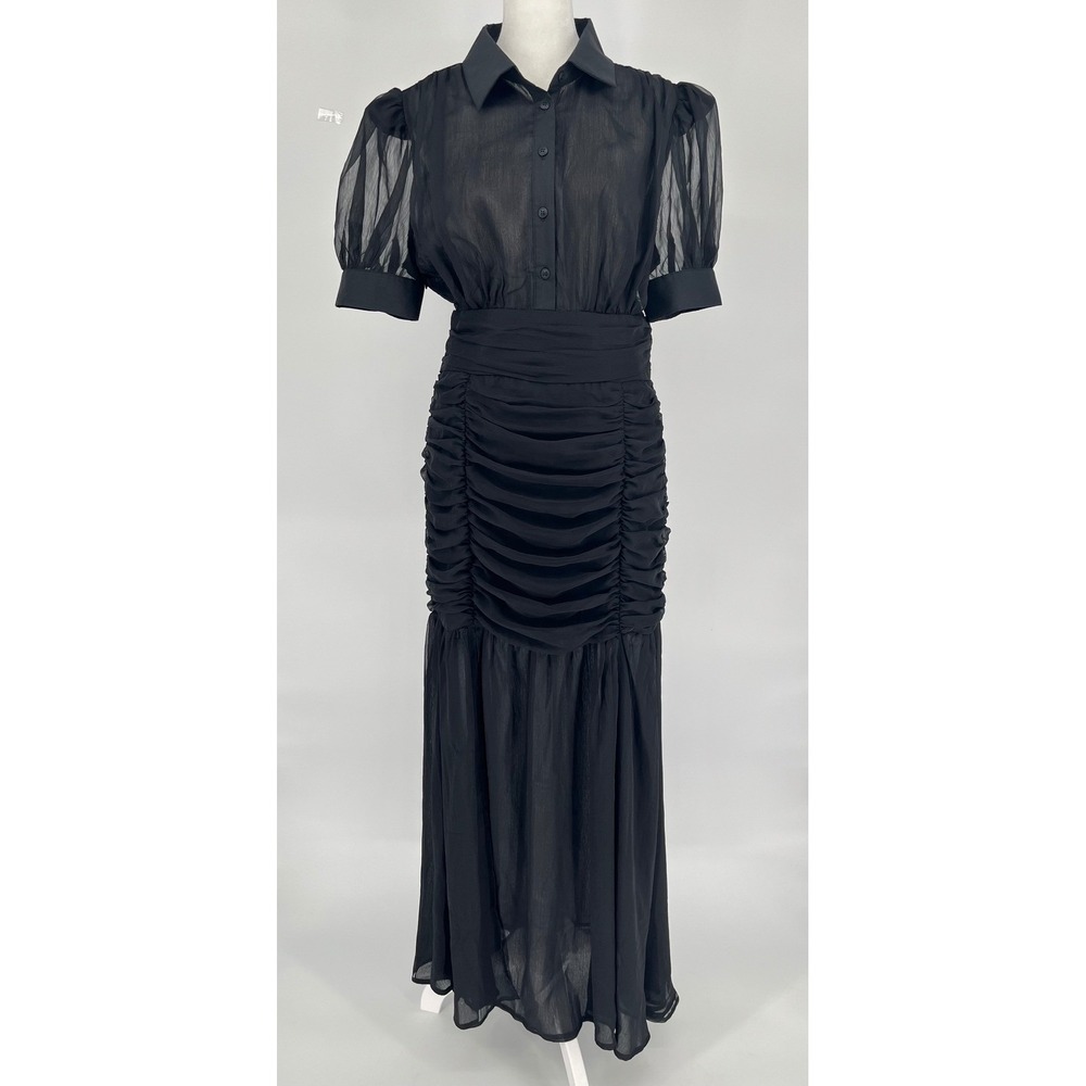 Black Sheer Chiffon Ruched Maxi Dress Short Puff Sleeve Gothic Whimsigoth Size M